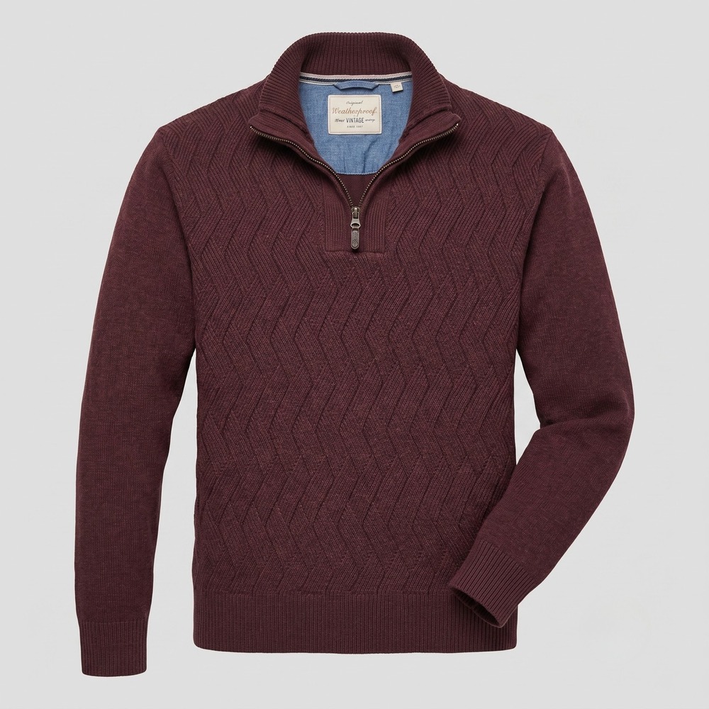 Weatherproof Men Large Burgundy Sweater Quarter Zip Vintage Textured Cotton
